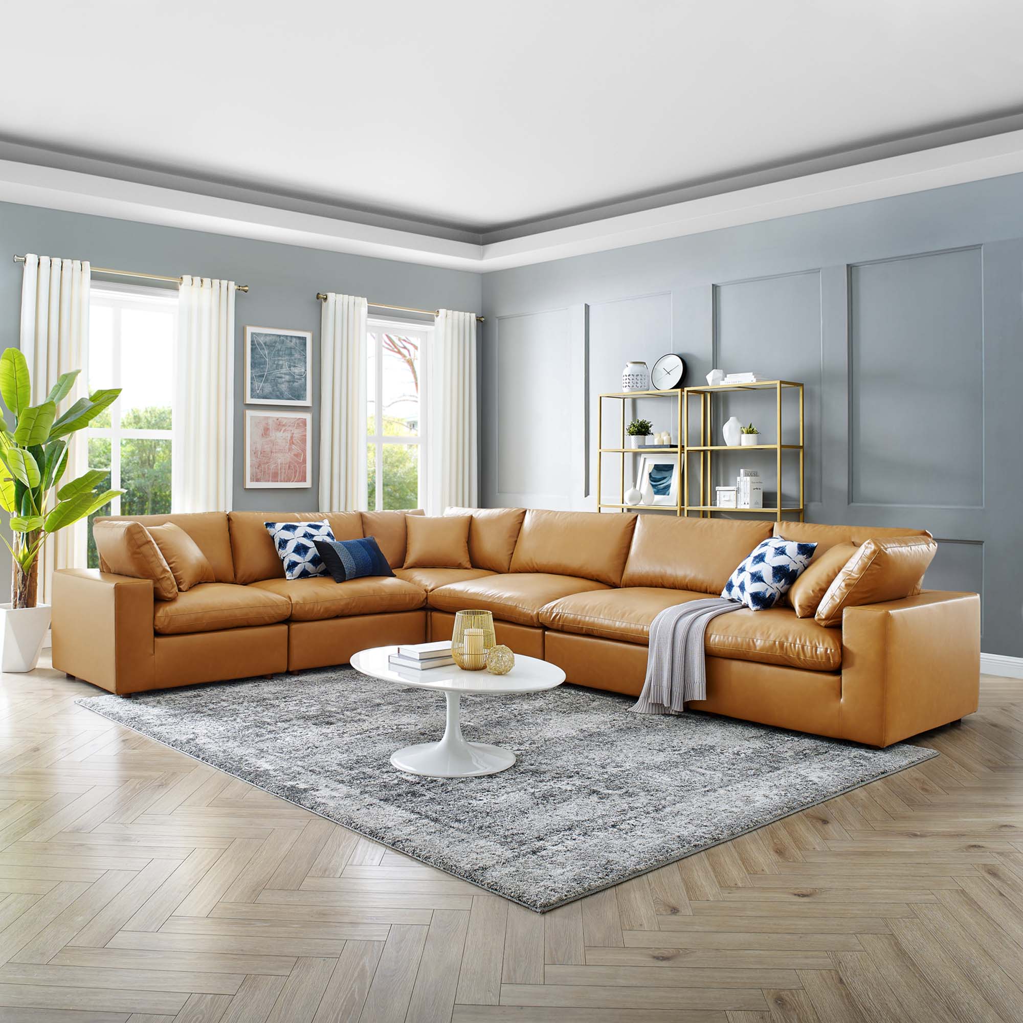 Commix 6-Piece Down Filled Overstuffed Vegan Leather Sectional Sofa