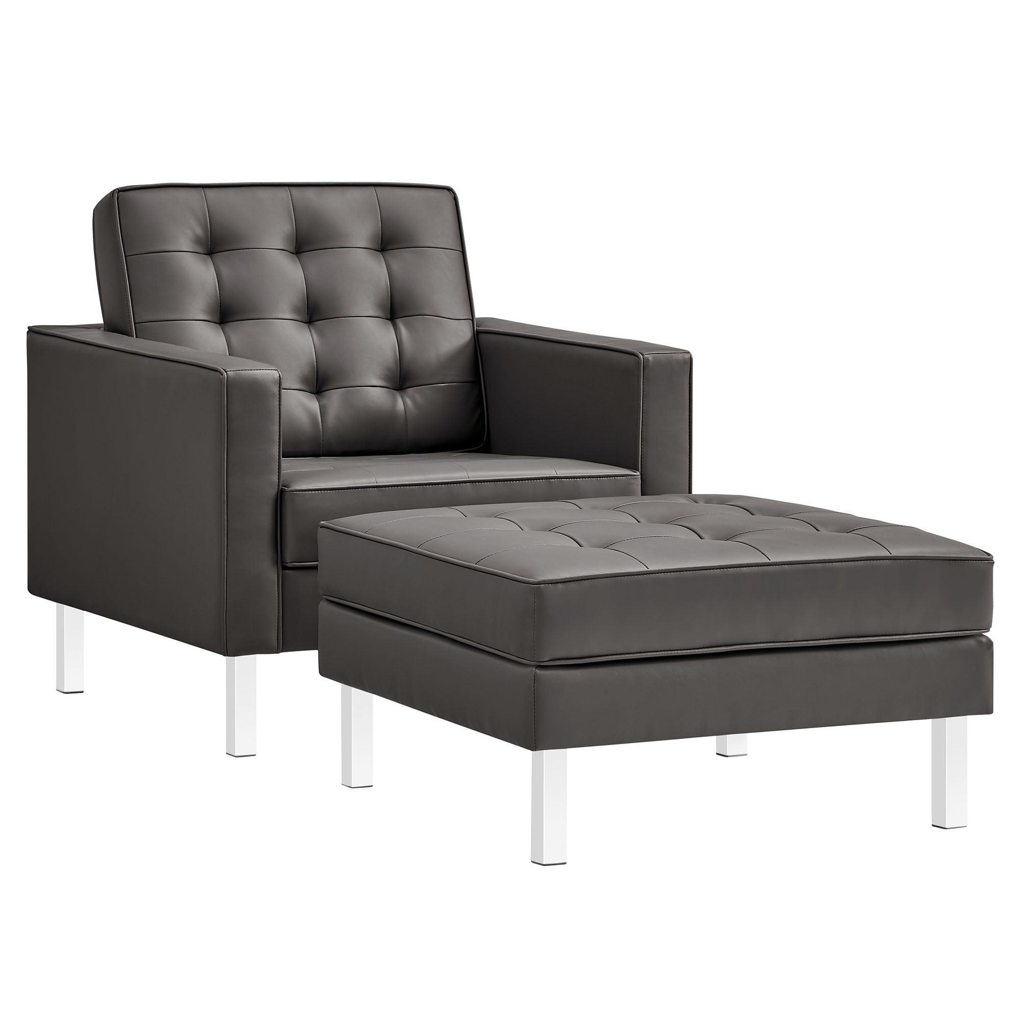 Loft Tufted Vegan Leather Armchair and Ottoman Set