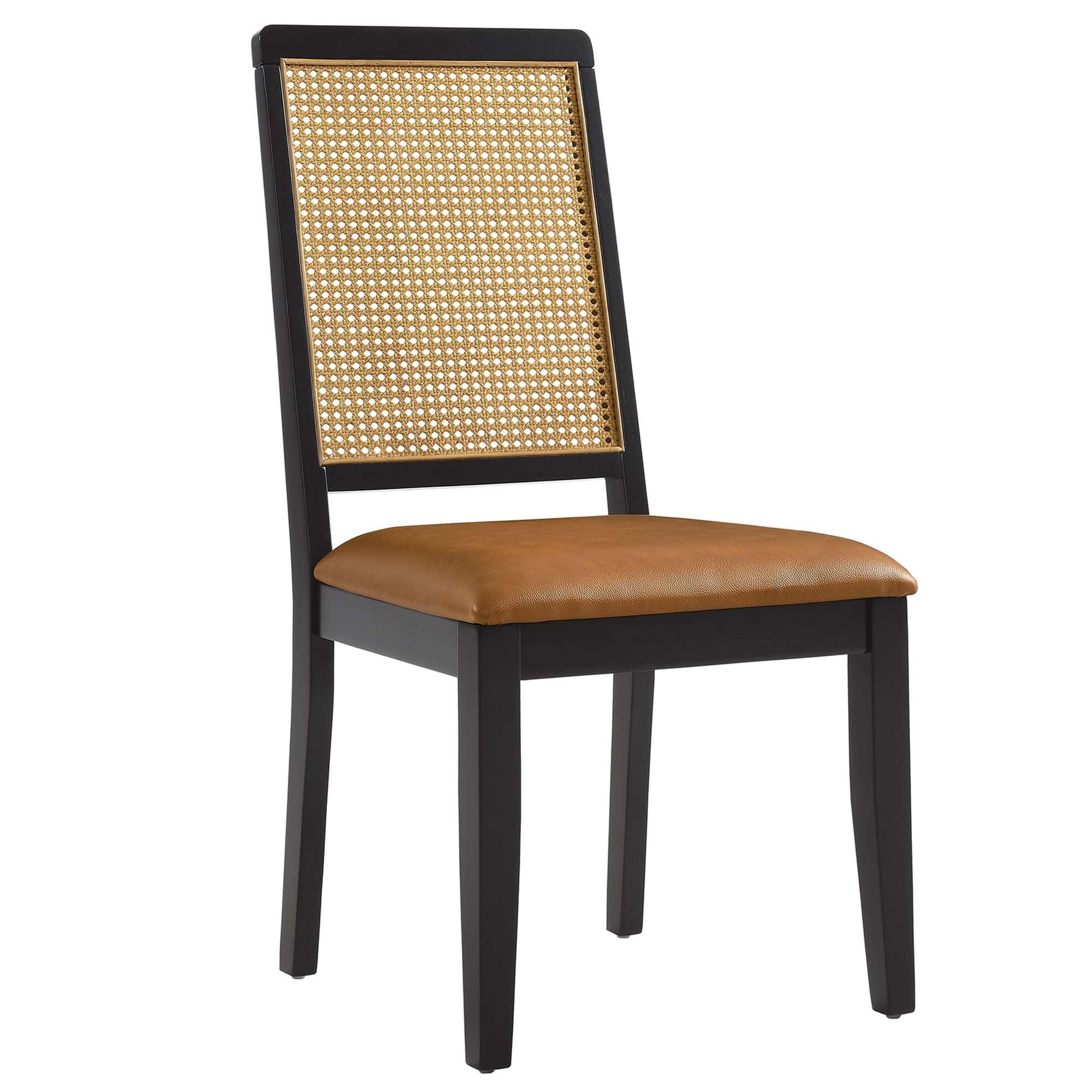 Arlo Vegan Leather Upholstered Faux Rattan and Wood Dining Side Chairs Set of 2