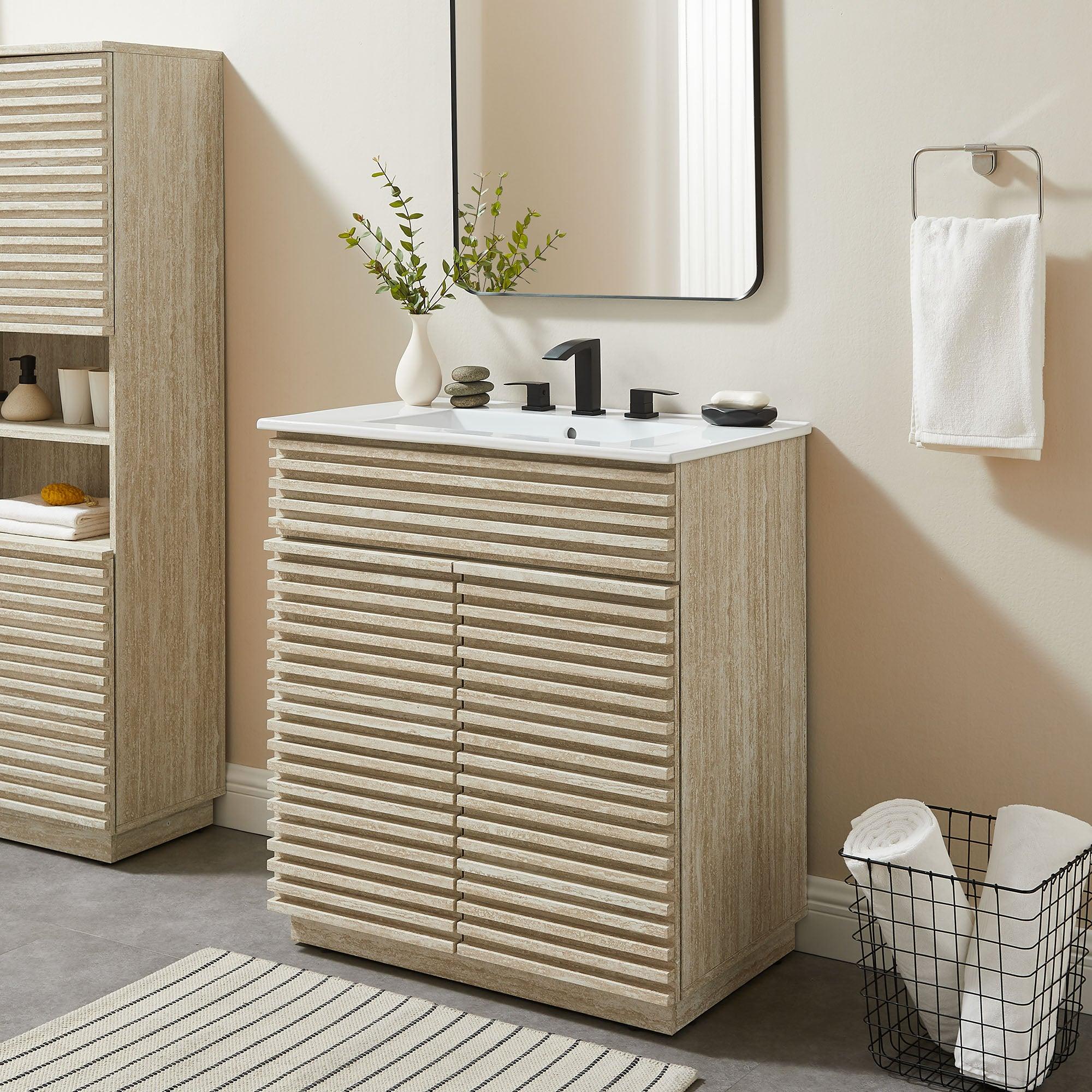 Render 30" Faux Travertine Bathroom Vanity Cabinet (Sink Not Included)