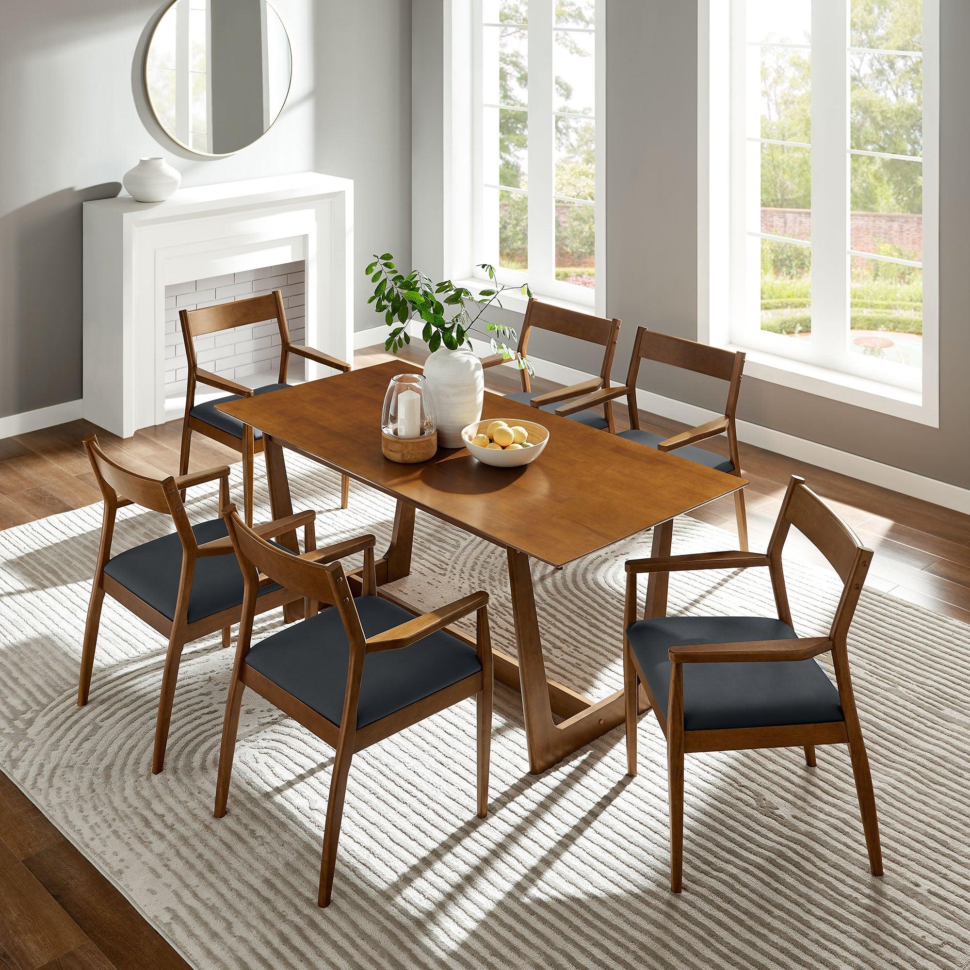 Solara 7-Piece Wood Dining Set with Vegan Leather Armchairs