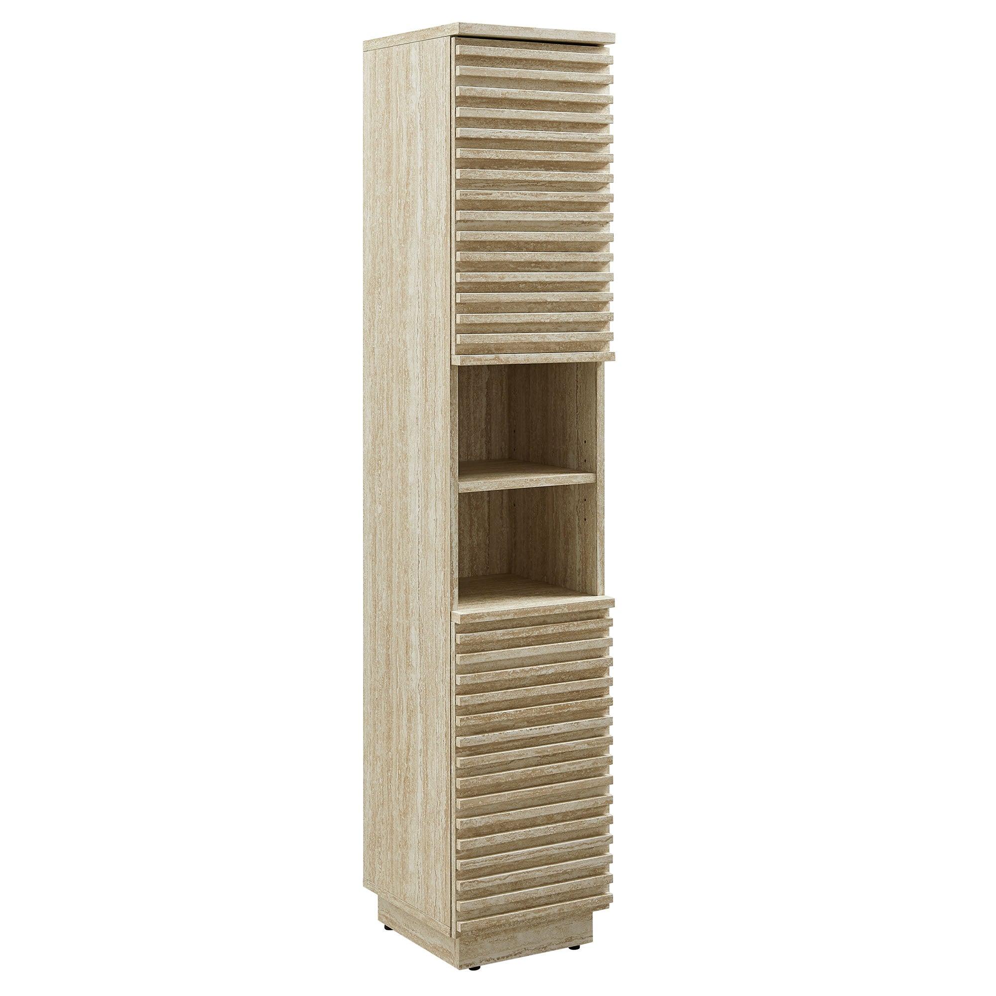 Render Tall Narrow Faux Travertine Linen Storage Cabinet