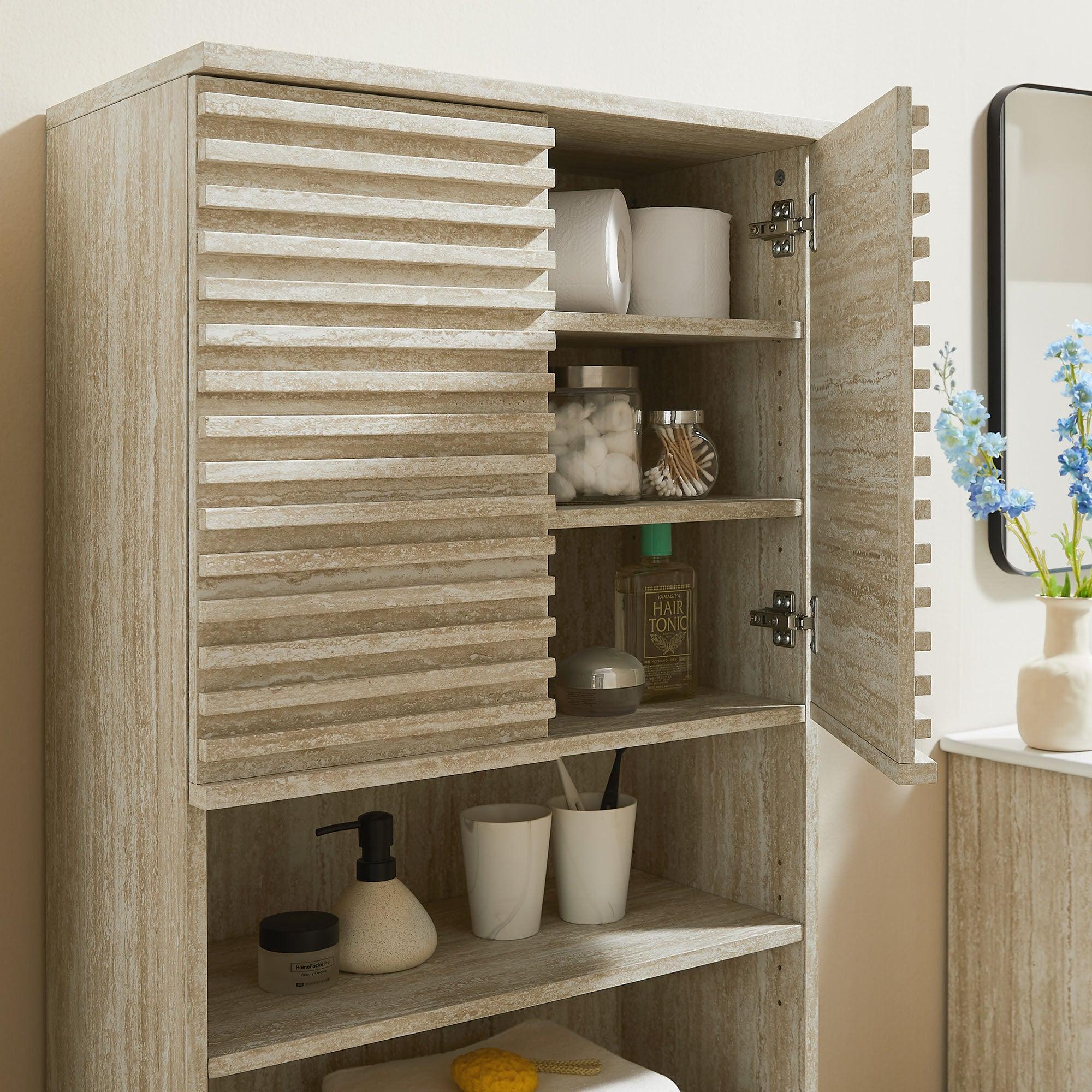 Render Tall Faux Travertine Linen Storage Cabinet