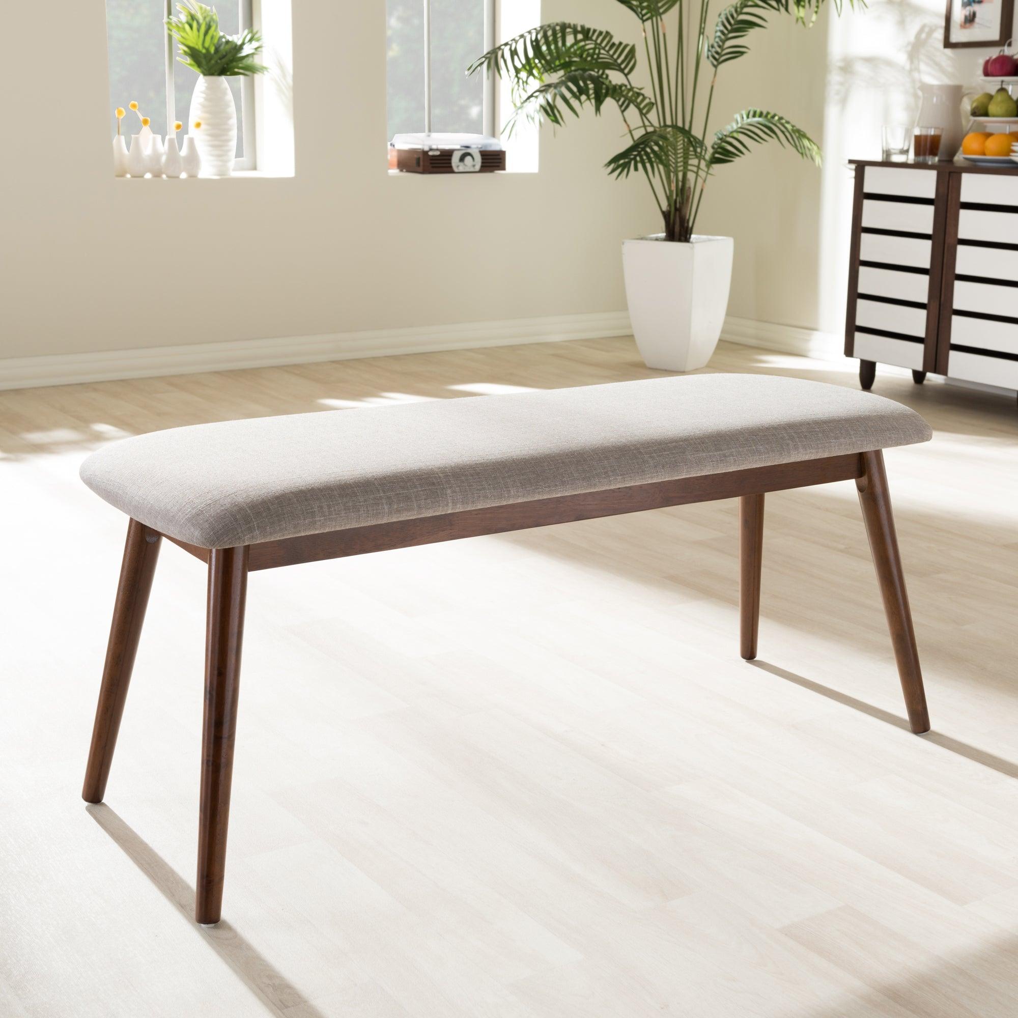 Flora Mid-Century Modern Light Fabric and "" Medium Finishing Wood Dining Bench