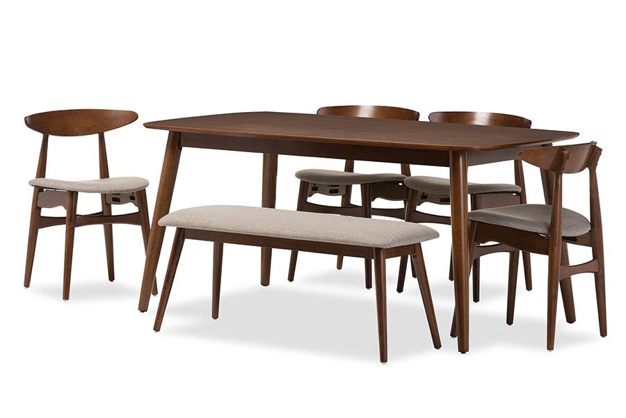 Flora Mid-Century Modern Light Fabric and "" Medium Finishing Wood 6-Piece Dining Set