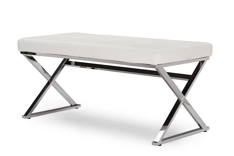 Herald Modern and Contemporary Stainless Steel and Faux Leather Upholstered Rectangle Bench