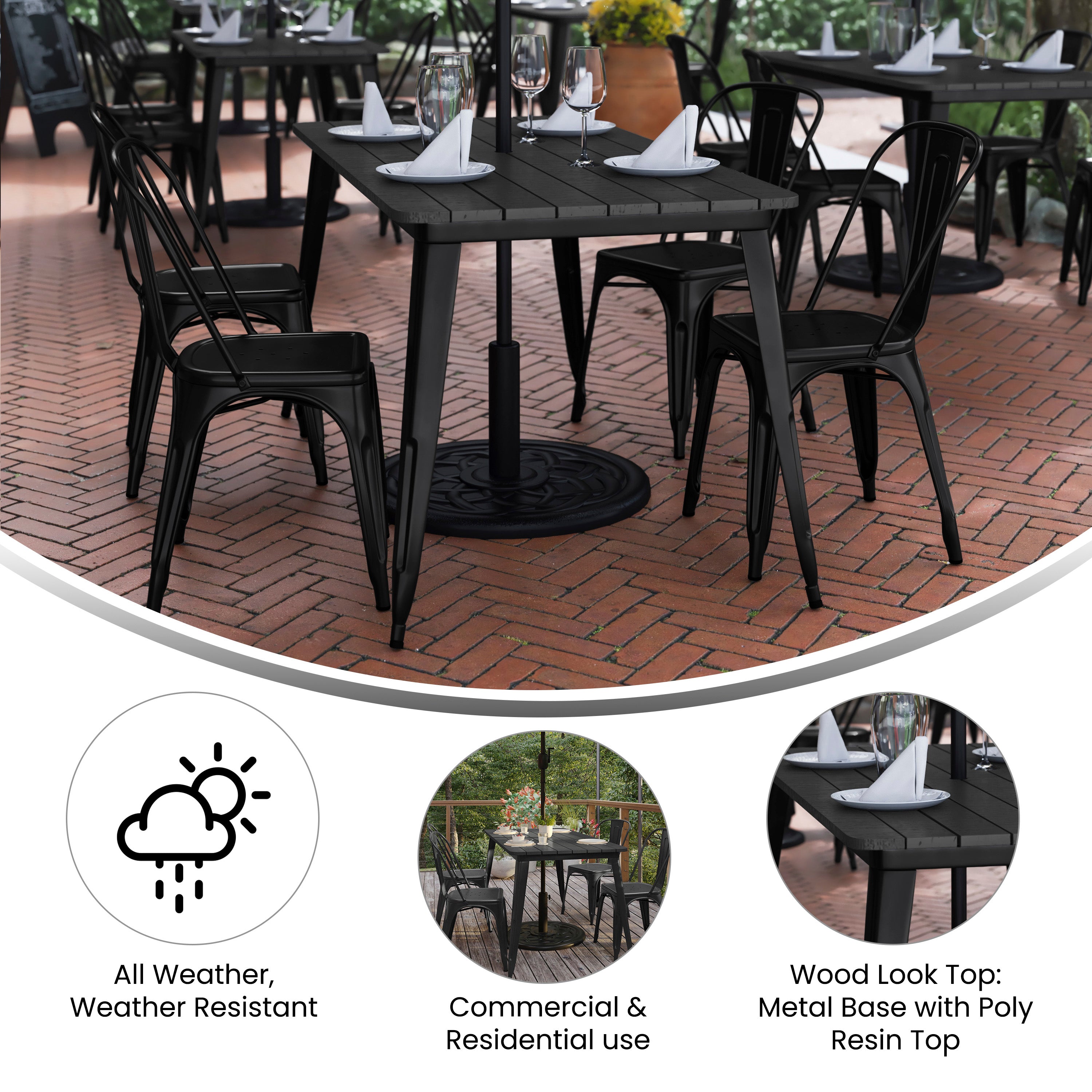 Declan Commercial Indoor/Outdoor Dining Table with Umbrella Hole, 30" x 60" All Weather Poly Resin Top and Steel Base-Metal Colorful Restaurant Table-Flash Furniture-Wall2Wall Furnishings