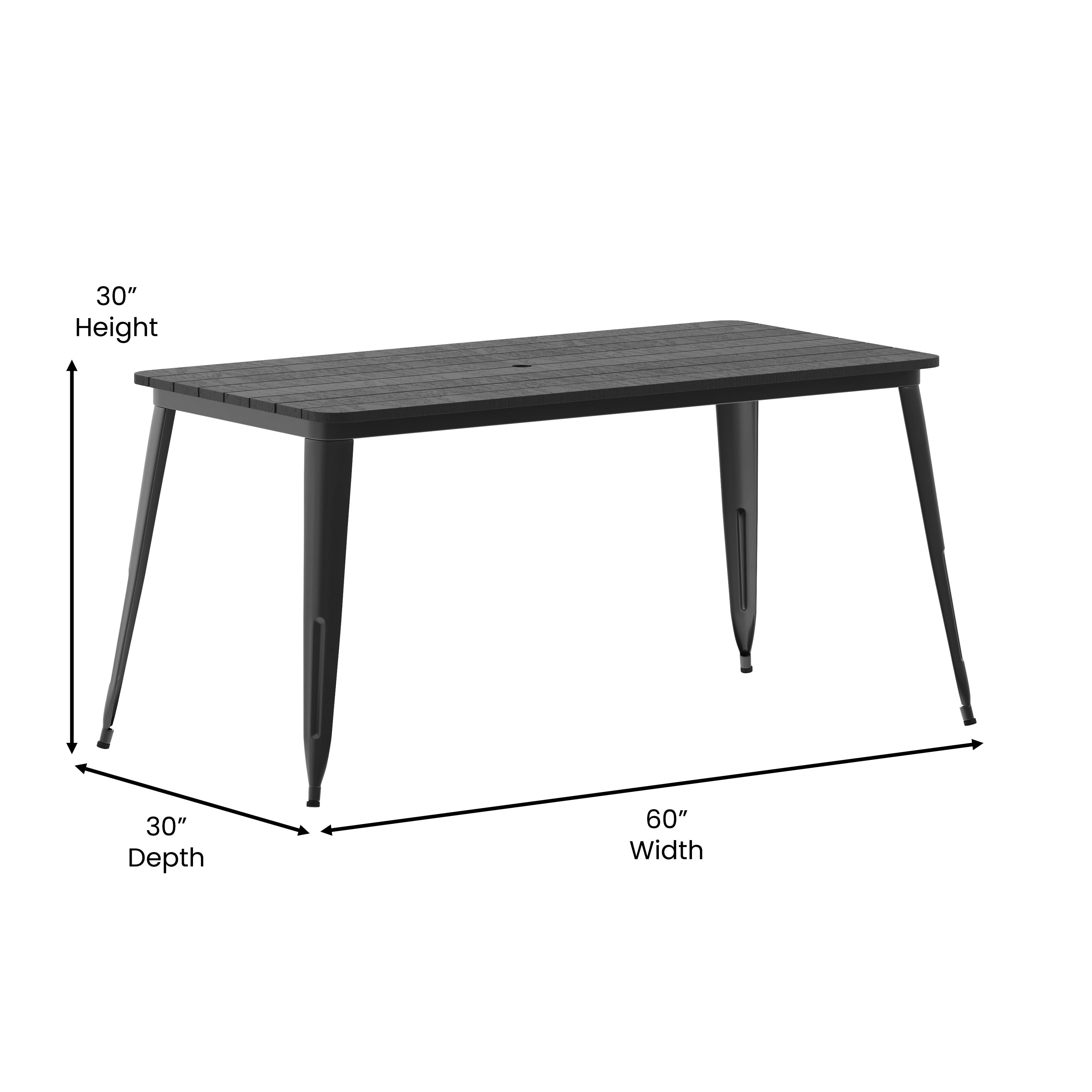 Declan Commercial Indoor/Outdoor Dining Table with Umbrella Hole, 30" x 60" All Weather Poly Resin Top and Steel Base-Metal Colorful Restaurant Table-Flash Furniture-Wall2Wall Furnishings