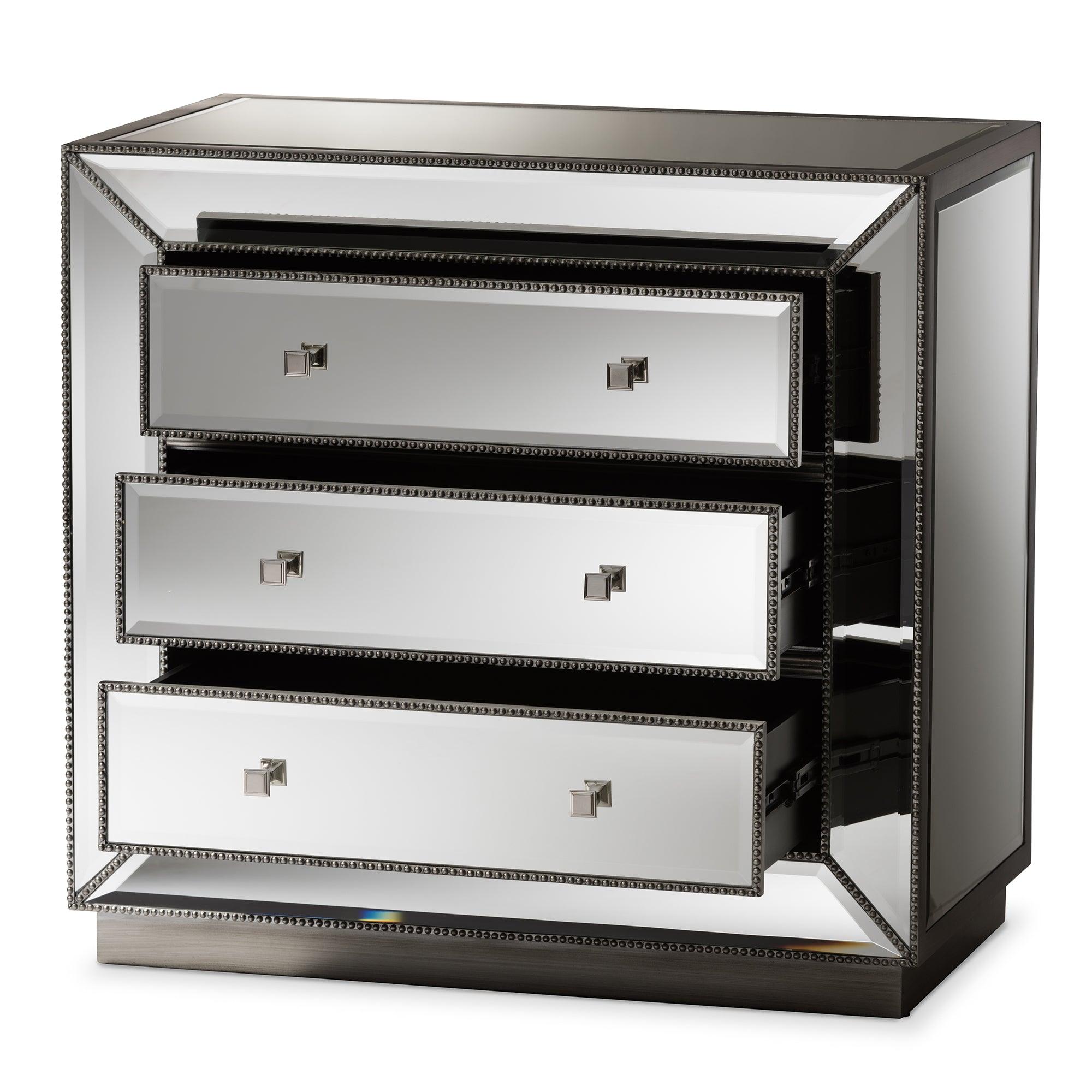 Edeline Hollywood Regency Glamour Style Mirrored 3-Drawer Cabinet