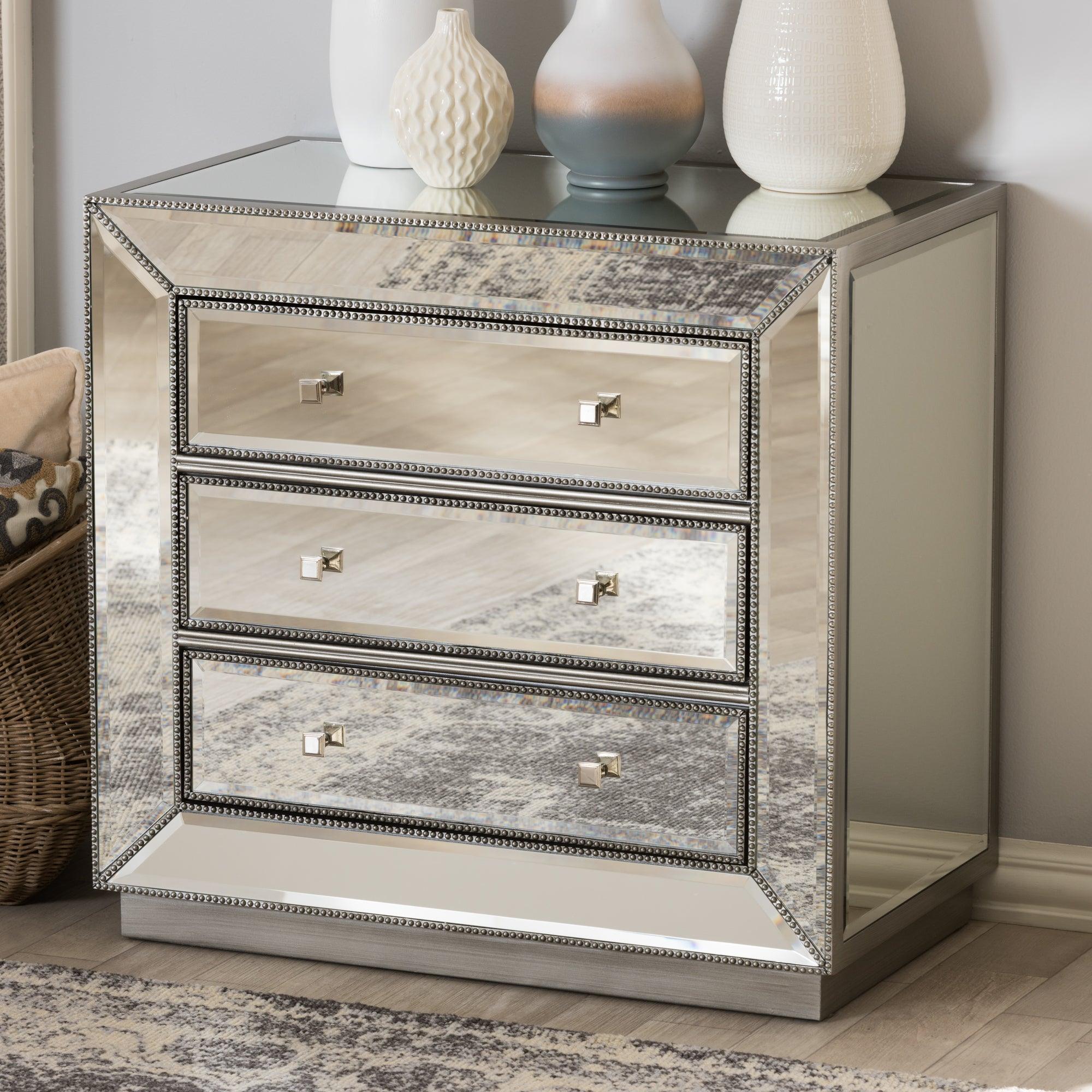 Edeline Hollywood Regency Glamour Style Mirrored 3-Drawer Cabinet