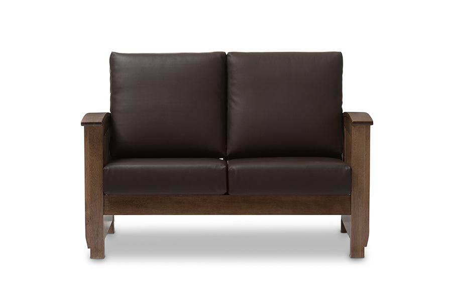 Charlotte Modern Classic Mission Style Wood and Faux Leather 2-Seater Loveseat