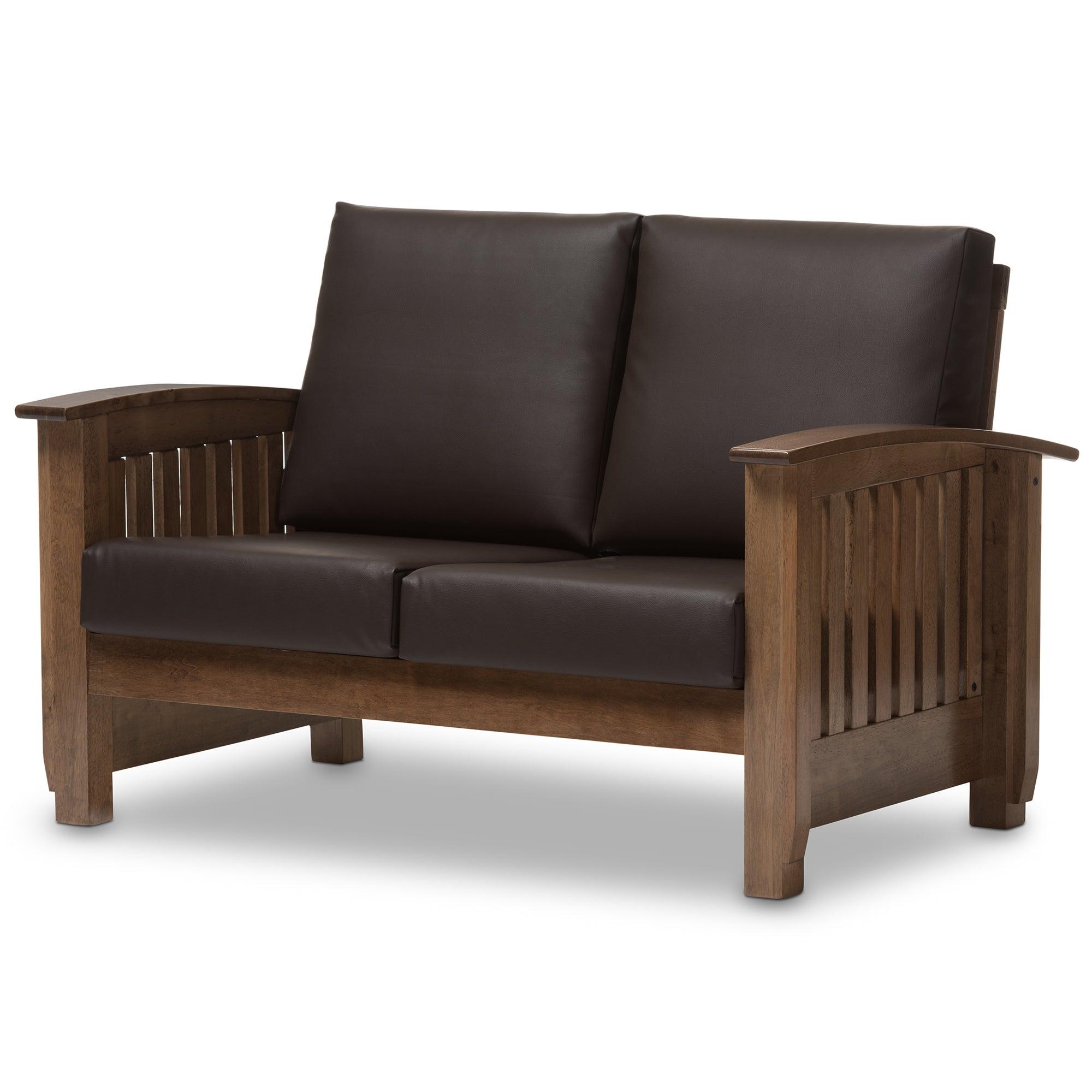 Charlotte Modern Classic Mission Style Wood and Faux Leather 2-Seater Loveseat