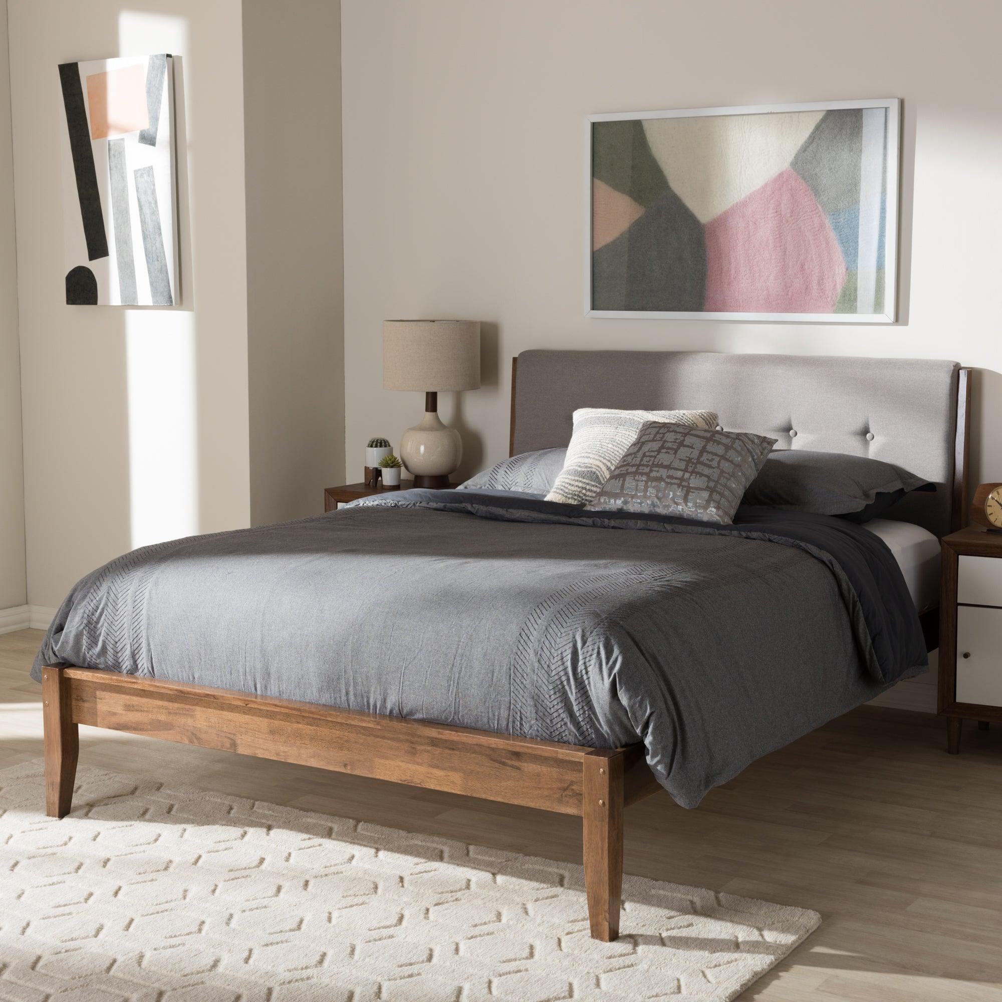 Leyton Mid-Century Light Fabric and Medium Finish Wood Platform Bed