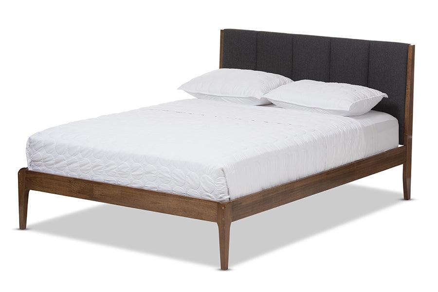 Ember Mid-Century Dark Fabric and Medium Finish Wood Platform Bed