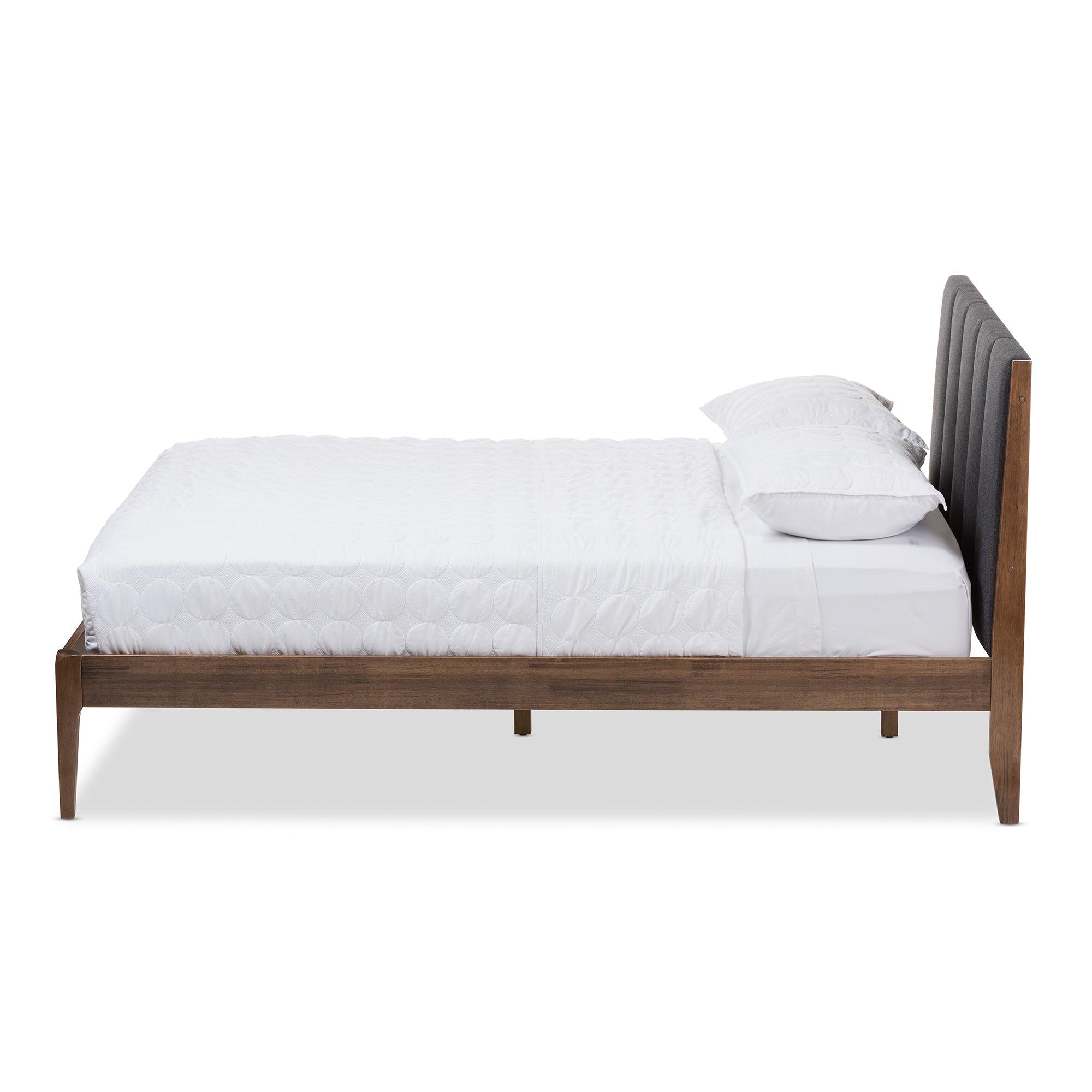 Ember Mid-Century Dark Fabric and Medium Finish Wood Platform Bed