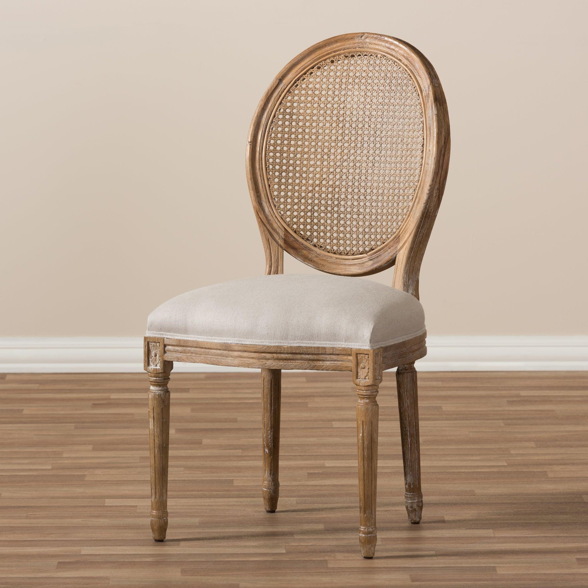 Adelia French Vintage Cottage Weathered Finish Wood and Fabric Upholstered Dining Side Chair with Round Cane Back