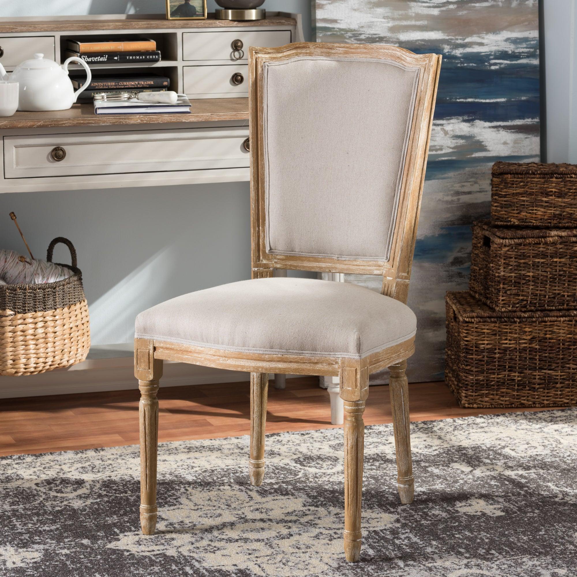 Cadencia French Vintage Cottage Weathered Finish Wood and Fabric Upholstered Dining Side Chair